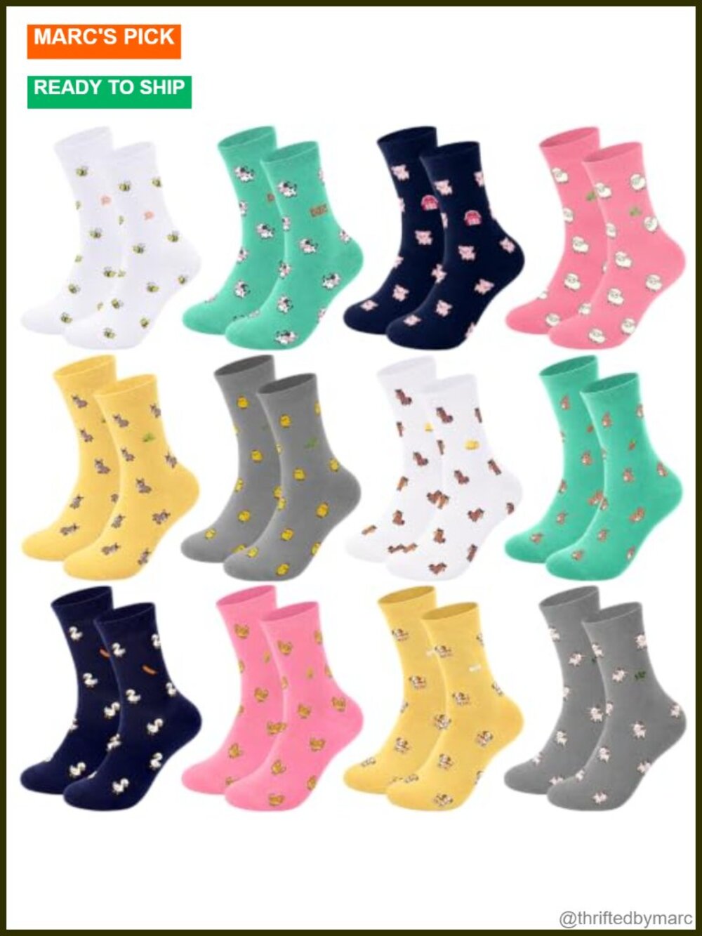 12 Pairs Novelty Animal Crew Socks Womens Cotton Blend Mid Calf